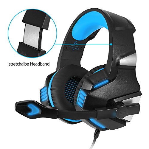 VersionTECH. Auriculares Gaming con Micrófono Aislante,Sonido Envolvente,Luz LED,Volumen Control,Para PC/Tableta/PSP/PS4/Móvil/Xbox One(Azul)