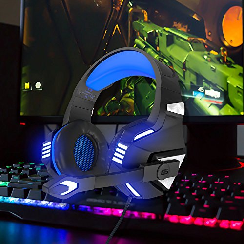 VersionTECH. Auriculares Gaming con Micrófono Aislante,Sonido Envolvente,Luz LED,Volumen Control,Para PC/Tableta/PSP/PS4/Móvil/Xbox One(Azul)