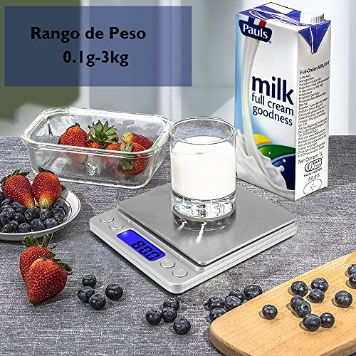 Versiontech Báscula Digital Para Cocina Escala Para Alimentos de 6,6 Lbs/ 3Kg con Plataforma de Acero Inoxidable y Gran Pantalla LCD Balanza Multifuncional Para Cocina de Color Plata Elegante