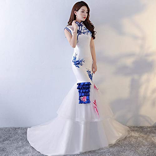 Vestido de novia de cola de pez azul y blanco de porcelana con cola larga para novia Cheongsam, para banquetes, fiestas, kz, a, XL