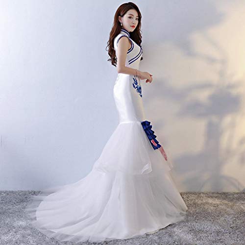 Vestido de novia de cola de pez azul y blanco de porcelana con cola larga para novia Cheongsam, para banquetes, fiestas, kz, a, XL