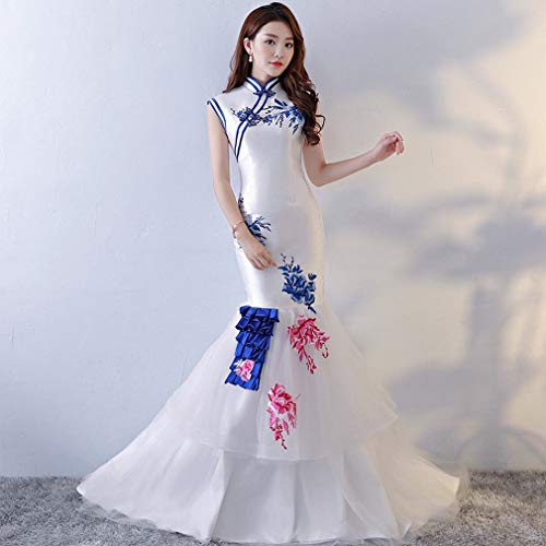 Vestido de novia de cola de pez azul y blanco de porcelana con cola larga para novia Cheongsam, para banquetes, fiestas, kz, a, XL