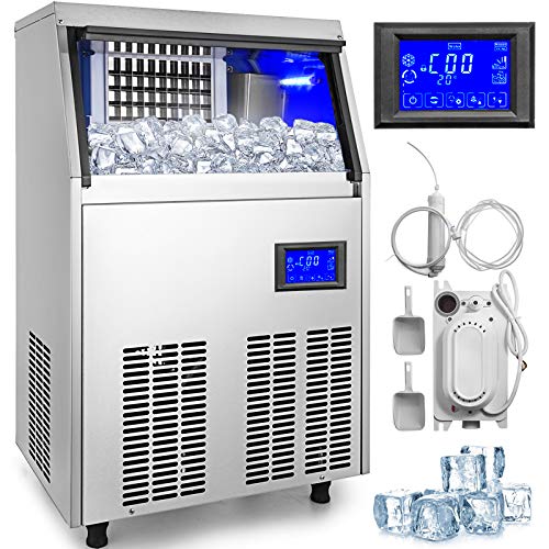 VEVOR Máquina para Hacer Hielo Comercial 50KG/24H, Acero Inoxidable+ABS, Panel de Control Inteligente LCD, Máquina para Fabricar Cono de Nieve, Función de Reserva 5-7 Horas, Bomba de Deshidratación