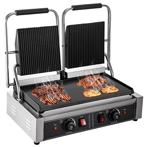 VEVOR Plancha de Acero Inoxidable Dobles Placas con Ranura 570x410x210mm Práctico Parrilla Eléctrica Comercial Panini 3.6kW Sanwichera Panini para Restaurantes Cocinas Hoteles