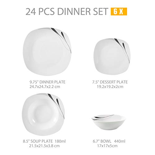 VEWEET Karla Juegos de Vajillas 24 Piezas de Porcelana con 6 Cuencos de Cereales, 6 Platos, 6 Platos de Postre y 6 Platos Hondos para 6 Personas