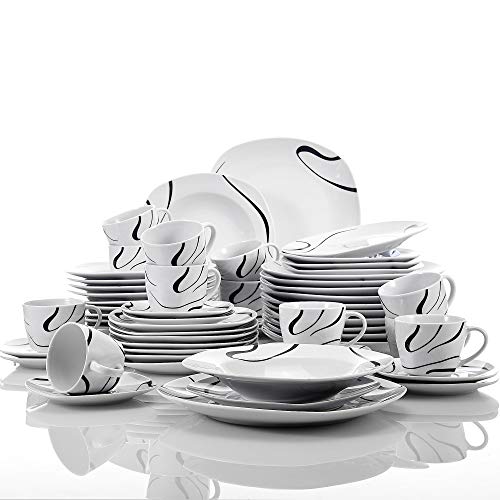 VEWEET Kayla Juegos de Vajillas 60 Piezas de Porcelana con 12 Taza 175 ml, 12 Platillos, 12 Platos, 12 Platos de Postre y 12 Platos Hondos para 12 Personas