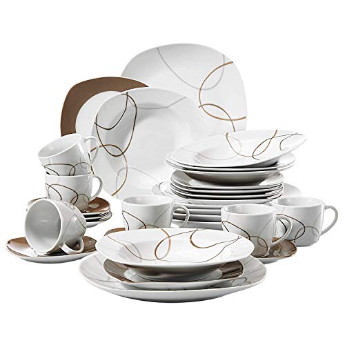 VEWEET Nikita 30 Piezas Vajillas de Porcelana Juegos con 6 Taza 175 ml, 6 Platillo, 6 Platos, 6 Platos de Postre y 6 Platos Hondos para 6 Personas