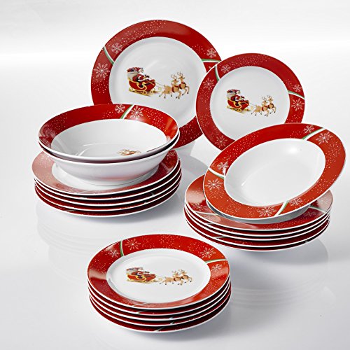 VEWEET, Serie CHRISTMASDEER, Servicio de Cena, 20 Piezas, para 6 Personas, 6 Platos, 6 Platos, 6 Platos de Postre, 2 Ensaladeras, Porcelana