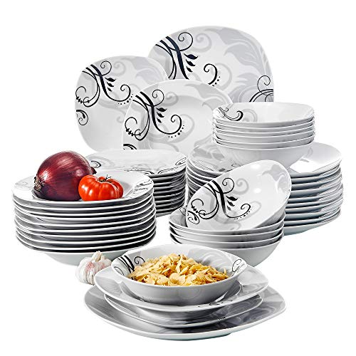 VEWEET Zoey Juegos de 48 Piezas Vajillas de Porcelana con 12 Cuencos de Cereales, 12 Platos, 12 Platos de Postre y 12 Platos Hondos para 12 Personas