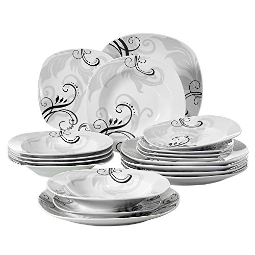 VEWEET Zoey Juegos de Vajillas 18 Piezas de Porcelana con 6 Platos, 6 Platos Hondos y 6 Platos de Postre Para 6 Personas