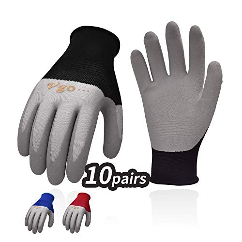 Vgo 10Pares Guantes de Trabajo y Jardinería con Revestimiento de Látex de Espuma Natural (Talla 9/L, Negro&Azul&Rojo, RB2144)