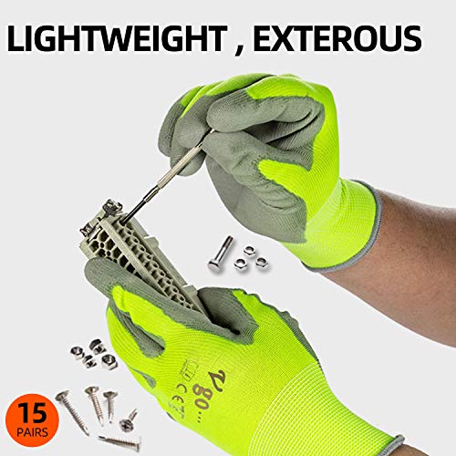 Vgo 15Pares Guantes de Trabajo y de Jardinería Recubiertos de PU para Hombres Multifunción (Tamaño 8/M,Amarillo fluorescente,PU2103)