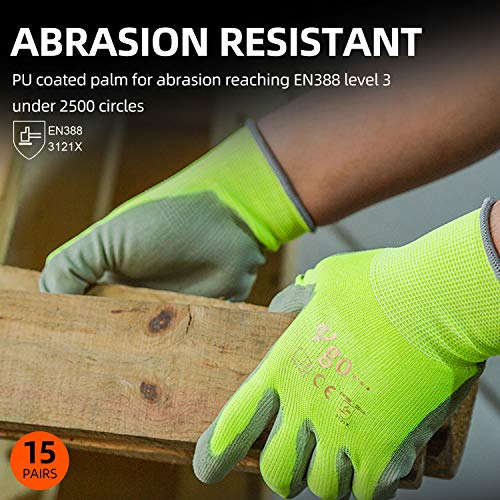 Vgo 15Pares Guantes de Trabajo y de Jardinería Recubiertos de PU para Hombres Multifunción (Tamaño 8/M,Amarillo fluorescente,PU2103)