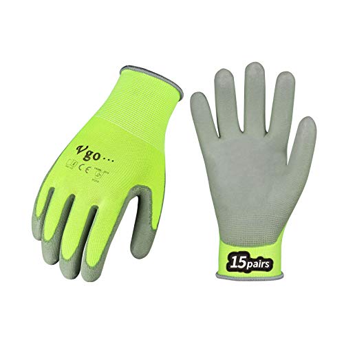 Vgo 15Pares Guantes de Trabajo y de Jardinería Recubiertos de PU para Hombres Multifunción (Tamaño 8/M,Amarillo fluorescente,PU2103)