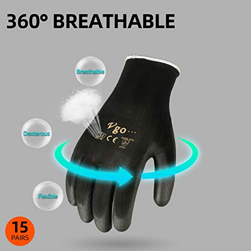 Vgo 15Pares Guantes PU Jardinería y Guantes Trabajo Ligero (Negro, Talla 10/XL, PU2103)