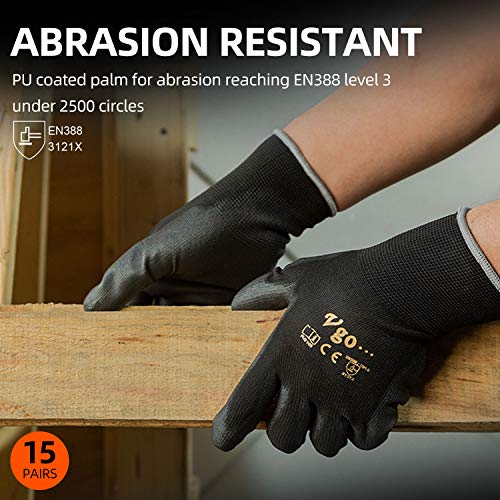 Vgo 15Pares Guantes PU Jardinería y Guantes Trabajo Ligero (Negro, Talla 10/XL, PU2103)