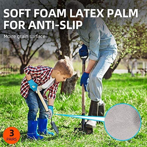 Vgo 3-Pares de Guantes de Jardinería con Revestimiento de Látex de Espuma Natural para Niños para Trabajo Ligeros, Actividad al Aire Libre (XXS - Edad 5-7, Verde, Azul y Rosa, KID-RB6013)