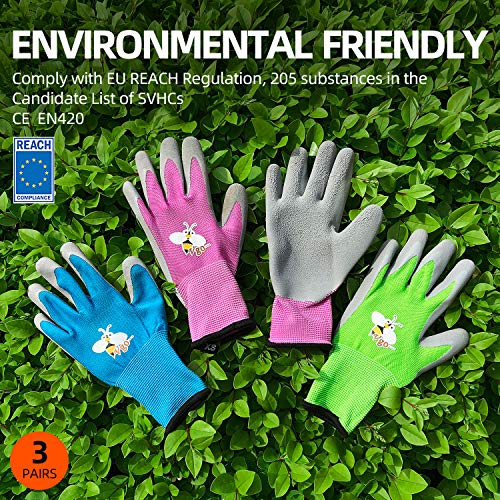 Vgo 3-Pares de Guantes de Jardinería con Revestimiento de Látex de Espuma Natural para Niños para Trabajo Ligeros, Actividad al Aire Libre (XXS - Edad 5-7, Verde, Azul y Rosa, KID-RB6013)