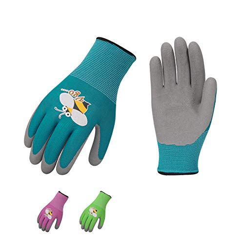 Vgo 3-Pares de Guantes de Jardinería con Revestimiento de Látex de Espuma Natural para Niños para Trabajo Ligeros, Actividad al Aire Libre (XXS - Edad 5-7, Verde, Azul y Rosa, KID-RB6013)