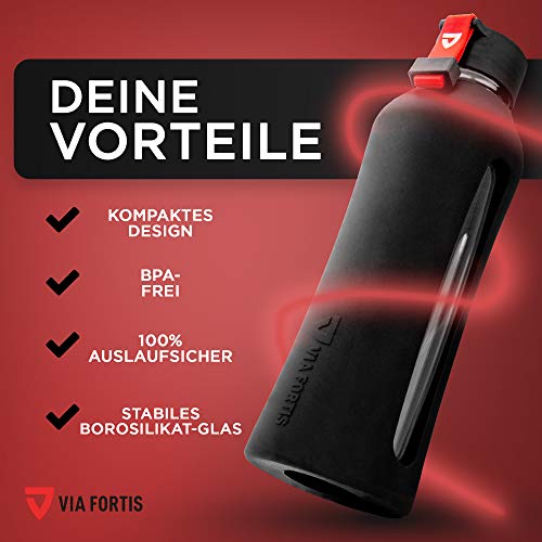 VIA FORTIS® Botella de cristal con funda de silicona de alta calidad – Botella para deporte, fitness, gimnasio, bicicleta y oficina – Resistente a roturas y sin BPA – 550 ml