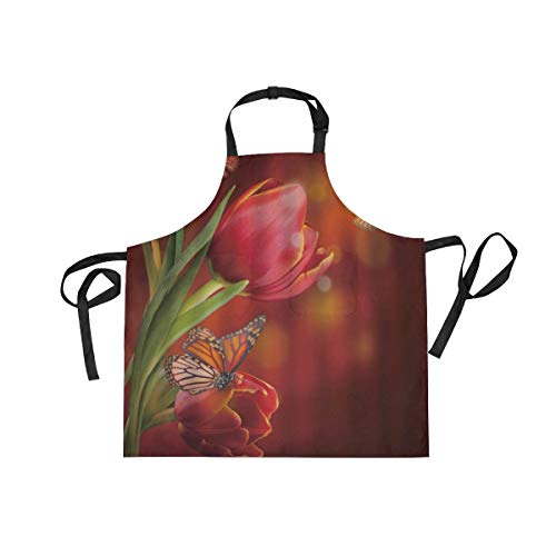 VICAFUCI Delantal,Tulip Butterfly Dream Fantasy Planta Simple Rojo Verde,Babero de Cocina Unisex con Cuello Ajustable para cocinar jardinería,tamaño Adulto