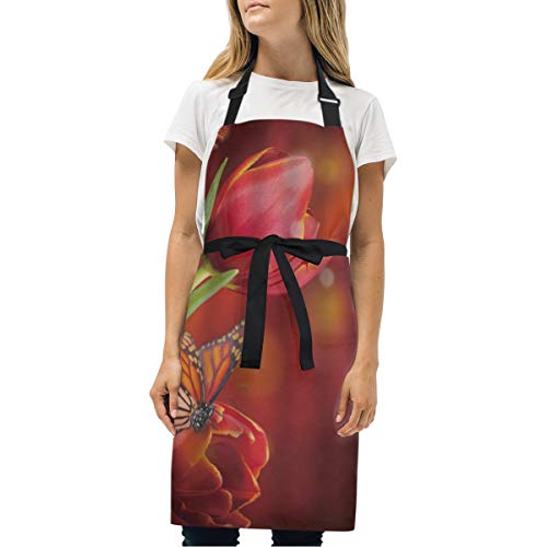 VICAFUCI Delantal,Tulip Butterfly Dream Fantasy Planta Simple Rojo Verde,Babero de Cocina Unisex con Cuello Ajustable para cocinar jardinería,tamaño Adulto