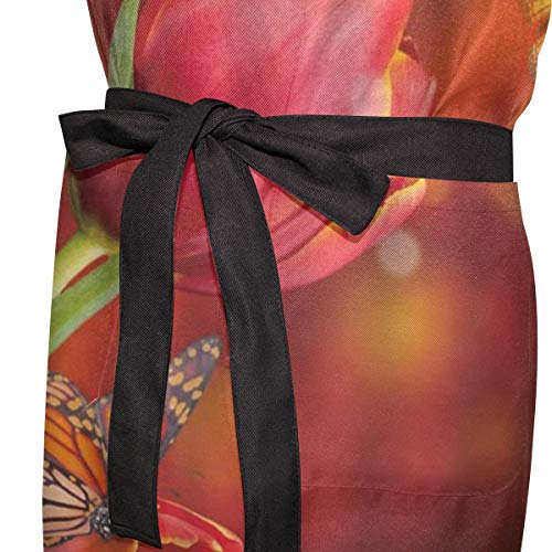 VICAFUCI Delantal,Tulip Butterfly Dream Fantasy Planta Simple Rojo Verde,Babero de Cocina Unisex con Cuello Ajustable para cocinar jardinería,tamaño Adulto