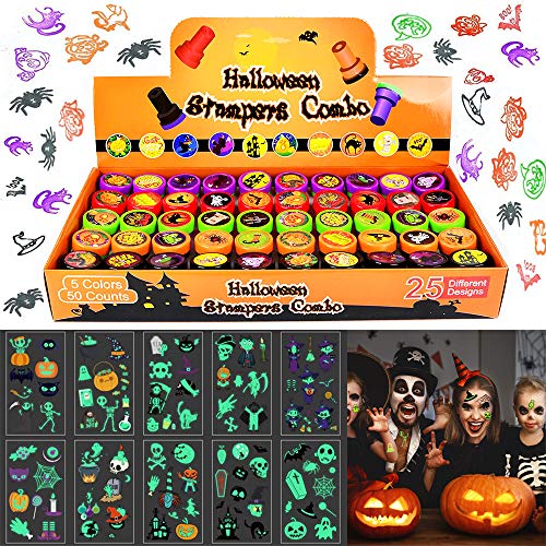 viccess 50pcs Juego de Sellos con 10pcs Halloween Luminoso Tatuajes Temporales,Sellos de Entintado de Animales Conjunto de Sellos Animales para Favores de Fiesta de Halloween