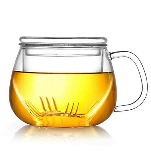 Victory-eu - Taza de té de vidrio de borosilicato con filtro de té y tapa de cristal, resistente al calor, para oficina y uso en el hogar para cocinar té de hojas sueltas, 300 ml