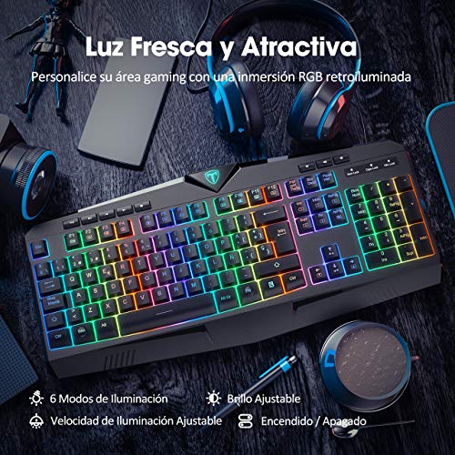 VicTsing Teclado Gaming RGB Alambrico Teclado USB, Teclado Español con 8 Teclas Multimedia Independientes, 25 Teclas Anti-ghosting, Salpicaduras para Juegos de PC / Mac, Negro