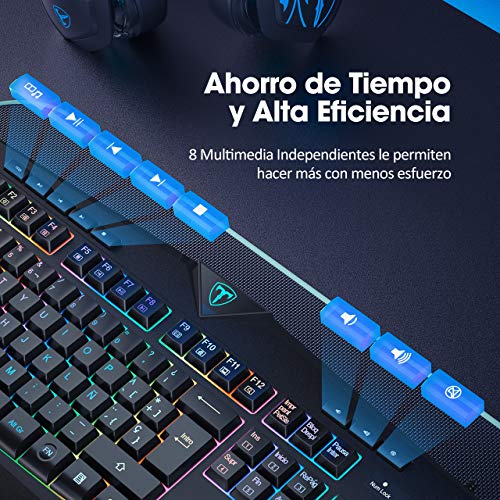 VicTsing Teclado Gaming RGB Alambrico Teclado USB, Teclado Español con 8 Teclas Multimedia Independientes, 25 Teclas Anti-ghosting, Salpicaduras para Juegos de PC / Mac, Negro