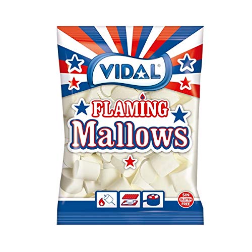 Vidal Golosinas Flaming Mallows. Nubes my sabrosas listas para fogatas, barbacoas y planchas. Sabor vainilla. Color blanco. Bolsa 1 Kg.