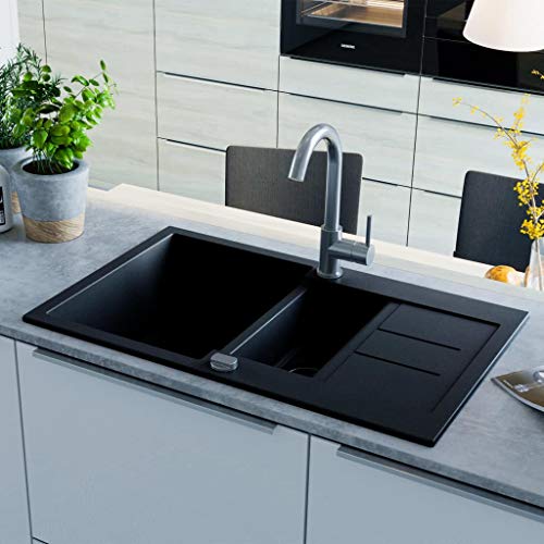 vidaXL Fregadero Cocina 2 Senos Negro Granito Fregadero Lavabo Caño Lavaplatos