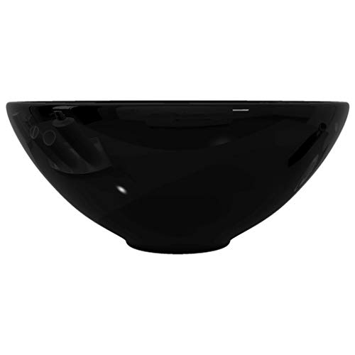 vidaXL Lavabo de Baño Moderno Redondo Cerámica Negro Brillo Lavamanos de Aseo