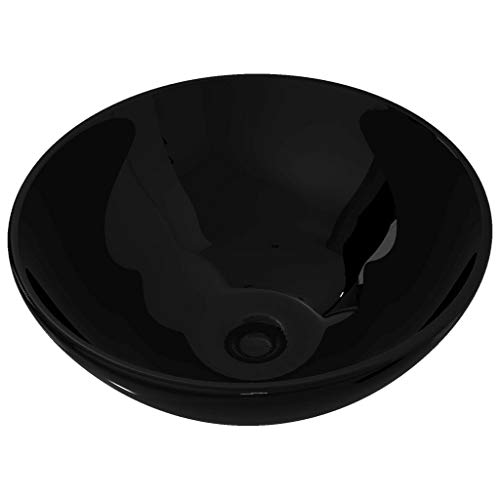 vidaXL Lavabo de Baño Moderno Redondo Cerámica Negro Brillo Lavamanos de Aseo