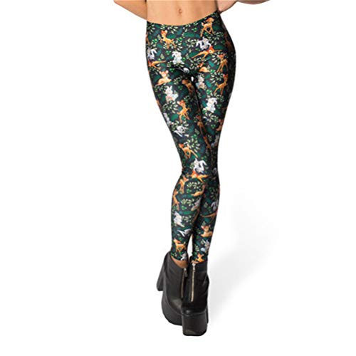 VIDEFS.LEG Leggings Largos con Estampado Animal Bambi de Ciervo y Cintura Alta de Leche Negra para Mujeres Leggins Largos y Ajustados