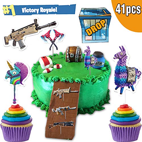 Videojuegos para decoración de pasteles 41pcs, decoraciones para pasteles de Battle Royale, decoración para cupcakes para niños, suministros para fiesta de cumpleaños para fanáticos del juego