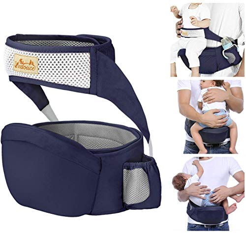 Viedouce Portabebé Ergonómico Asiento de Cadera,con Protección del Cinturón la Seguridad,Algodón Puro Ligero,Taburete de Cintura de Posición Múltiple por Bebé Niños 6-36 Meses(Azul Oscuro)