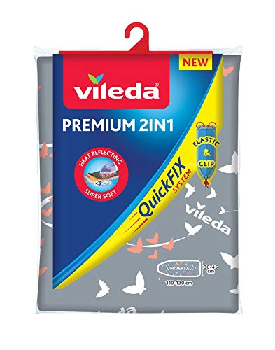 Vileda Premium 2 en 1 - Funda de planchar, tres capas, suave, encaja en cualquier tipo de tabla de entre 110-130 cm de largo y 30-45 cm de ancho, Color Gris y Blanco