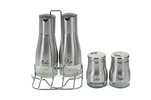 Villa d 'Este Home Tivoli - La Cucina Menage Silver, Color Plateado, dosificador y dosificador, 9 cm, aceitera y vinagrera: Ø 6,5 18,5 cm, Soporte 14,5 x 22 cm