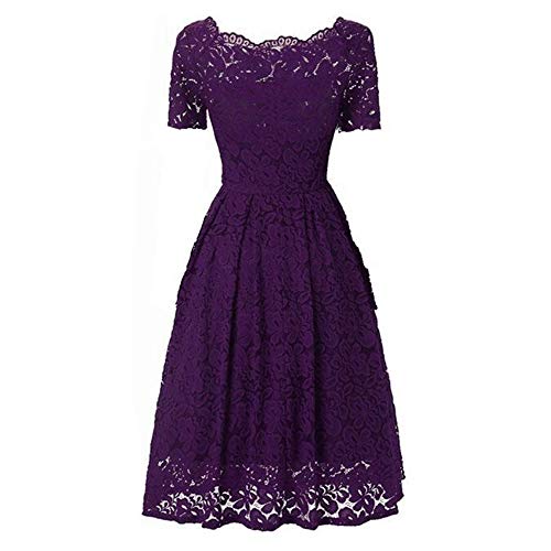 VILLAVIVI Vintage Encaje Floral Manga Corta Coctel Vestido Corta para Mujer Niñas (Morado, S)