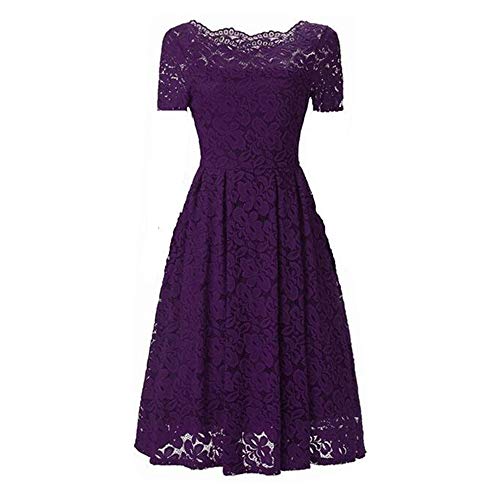 VILLAVIVI Vintage Encaje Floral Manga Corta Coctel Vestido Corta para Mujer Niñas (Morado, S)