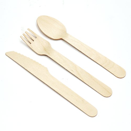 VIMOV 200 Pieza Cubiertos de Madera Desechables, Utensilios Biodegradables para Fiestas, Camping, Picnic, Barbacoa, Evento (100 Tenedores de Madera, 50 Cuchillos de Madera, 50 cucharas de Madera)