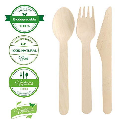 VIMOV 300 Piezas Cubertería desechable de Madera, ecológica, Biodegradable, para Fiesta, Camping, picnics, Barbacoa, Evento (100 Tenedores, 100 Cuchillos, 100 cucharas)