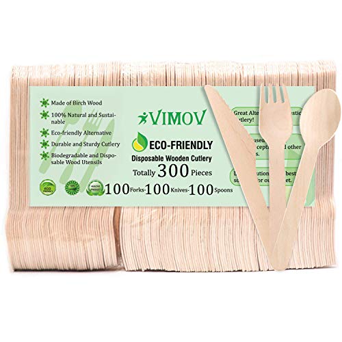 VIMOV 300 Piezas Cubertería desechable de Madera, ecológica, Biodegradable, para Fiesta, Camping, picnics, Barbacoa, Evento (100 Tenedores, 100 Cuchillos, 100 cucharas)