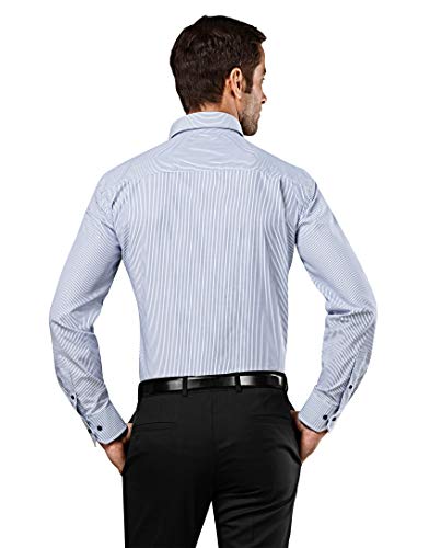 Vincenzo Boretti Camisa de Hombre, Corte Ajuste Recto/Regular-fit, 100% algodón, Manga-Larga, Cuello Kent, no Necesita Plancha, con entredós de Contraste, de Rayas Azul/Blanco 43-44