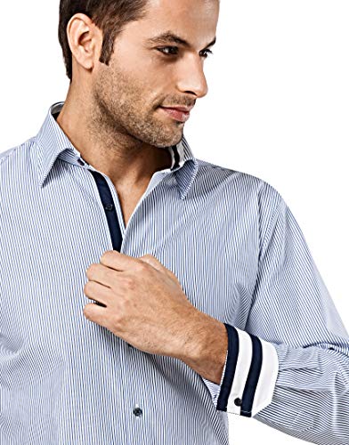 Vincenzo Boretti Camisa de Hombre, Corte Ajuste Recto/Regular-fit, 100% algodón, Manga-Larga, Cuello Kent, no Necesita Plancha, con entredós de Contraste, de Rayas Azul/Blanco 43-44