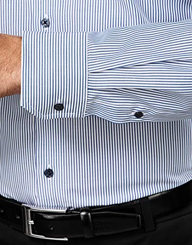 Vincenzo Boretti Camisa de Hombre, Corte Ajuste Recto/Regular-fit, 100% algodón, Manga-Larga, Cuello Kent, no Necesita Plancha, con entredós de Contraste, de Rayas Azul/Blanco 43-44