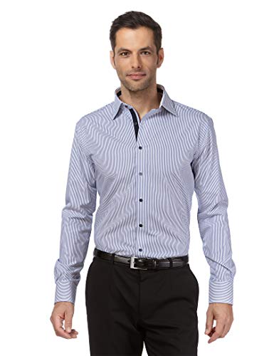 Vincenzo Boretti Camisa de Hombre, Corte Ajuste Recto/Regular-fit, 100% algodón, Manga-Larga, Cuello Kent, no Necesita Plancha, con entredós de Contraste, de Rayas Azul/Blanco 43-44