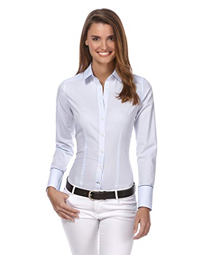 Vincenzo Boretti Camisa de Mujer, Corte Ligeramente más angosto, 100% algodón, Manga-Larga, Lisa, fácil de Planchar, Cuello Kent, Elegante y clásica Azul Hielo 38